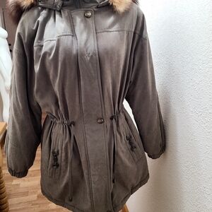 Women's Taupe Utility Jacket with Faux Fur Trim